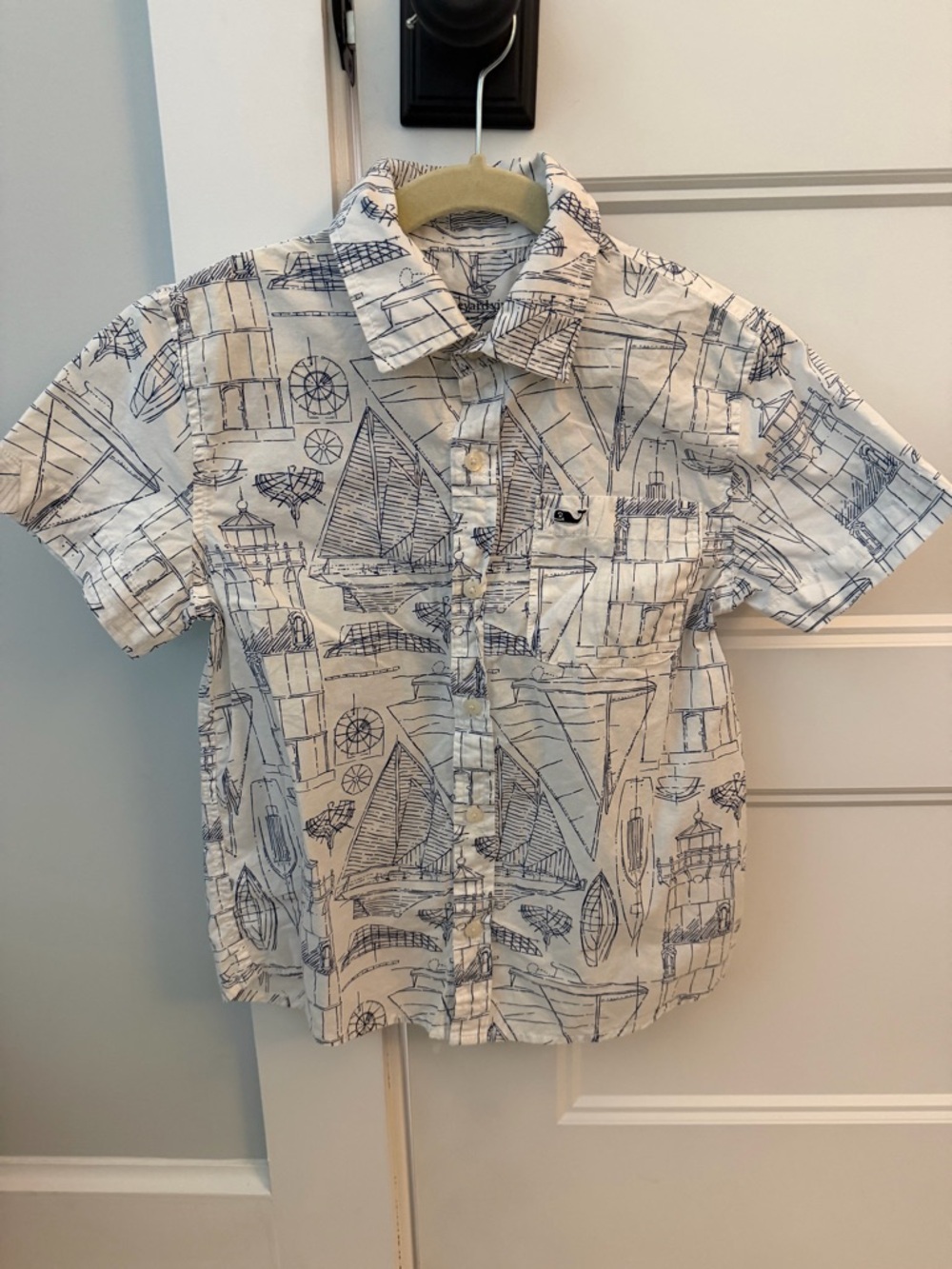 Vineyard Vines White Shirt with Navy Sketch Nautical Print